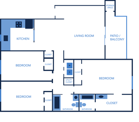 Floor plan for 3 beds, 2 baths, 1365 sqft